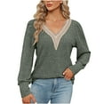 thumbnail image 2 of Tawop Women Shirts Womens Tee Shirts Long Sleeve Loose V Neck Lace Green L(Us:8), 2 of 6
