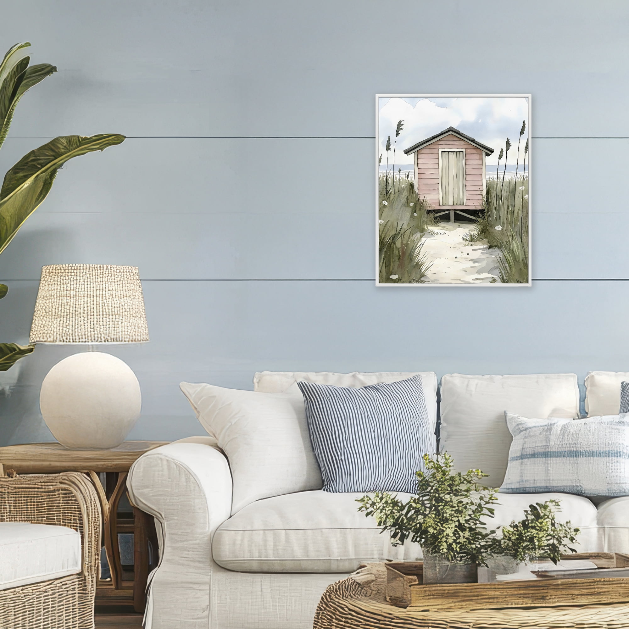 Stupell Industries Coastal Calm Pink Beach Hut White Framed Giclee Art, design by Riley B
