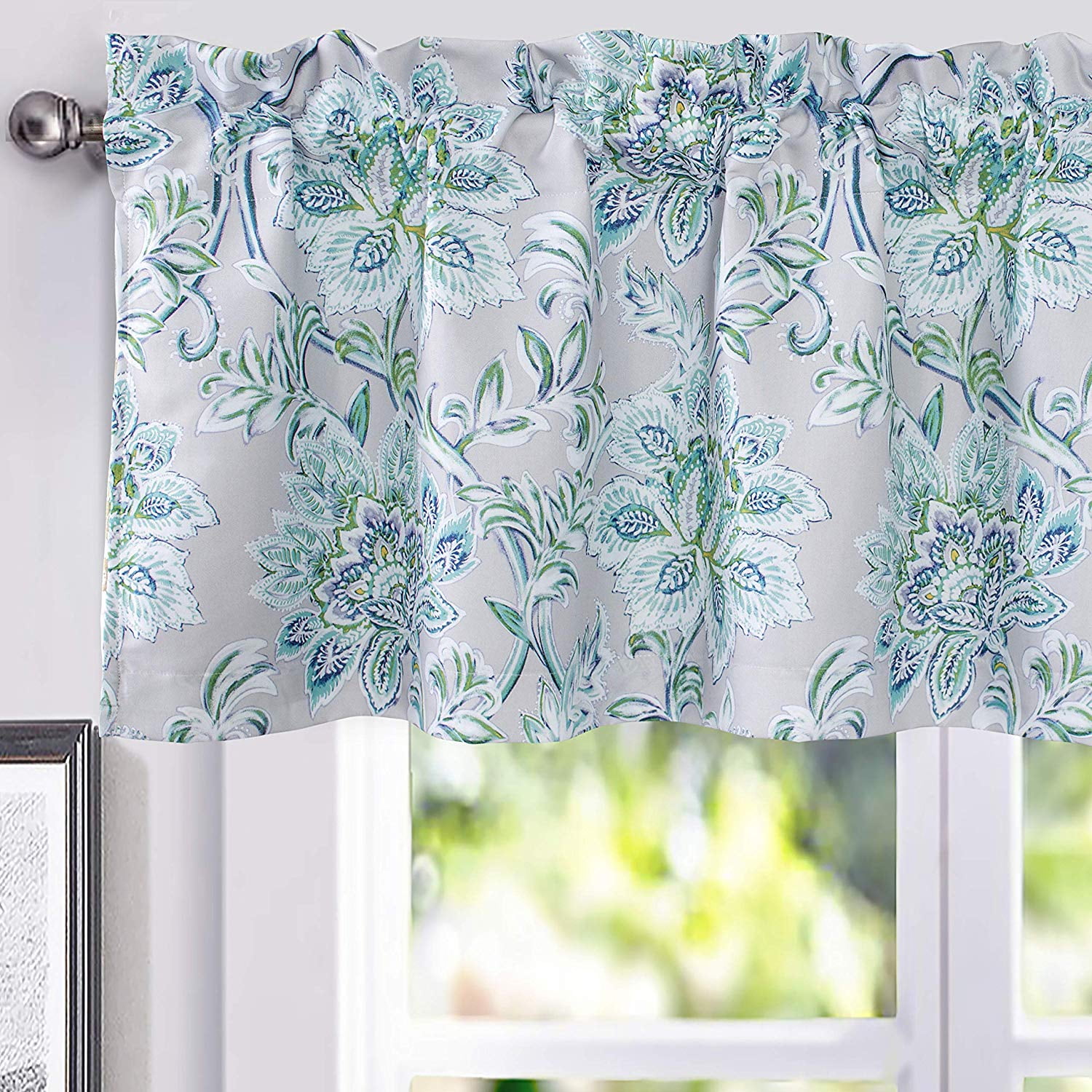 DriftAway Alyssa Jacobean Elegant Floral Leaves Pattern Thermal Insulated Blackout Lined Rod Pocket Window Curtain Valance for Kitchen Café 2 Pack 52 Inch by 18 Inch Plus 2 Inch Header Gray 