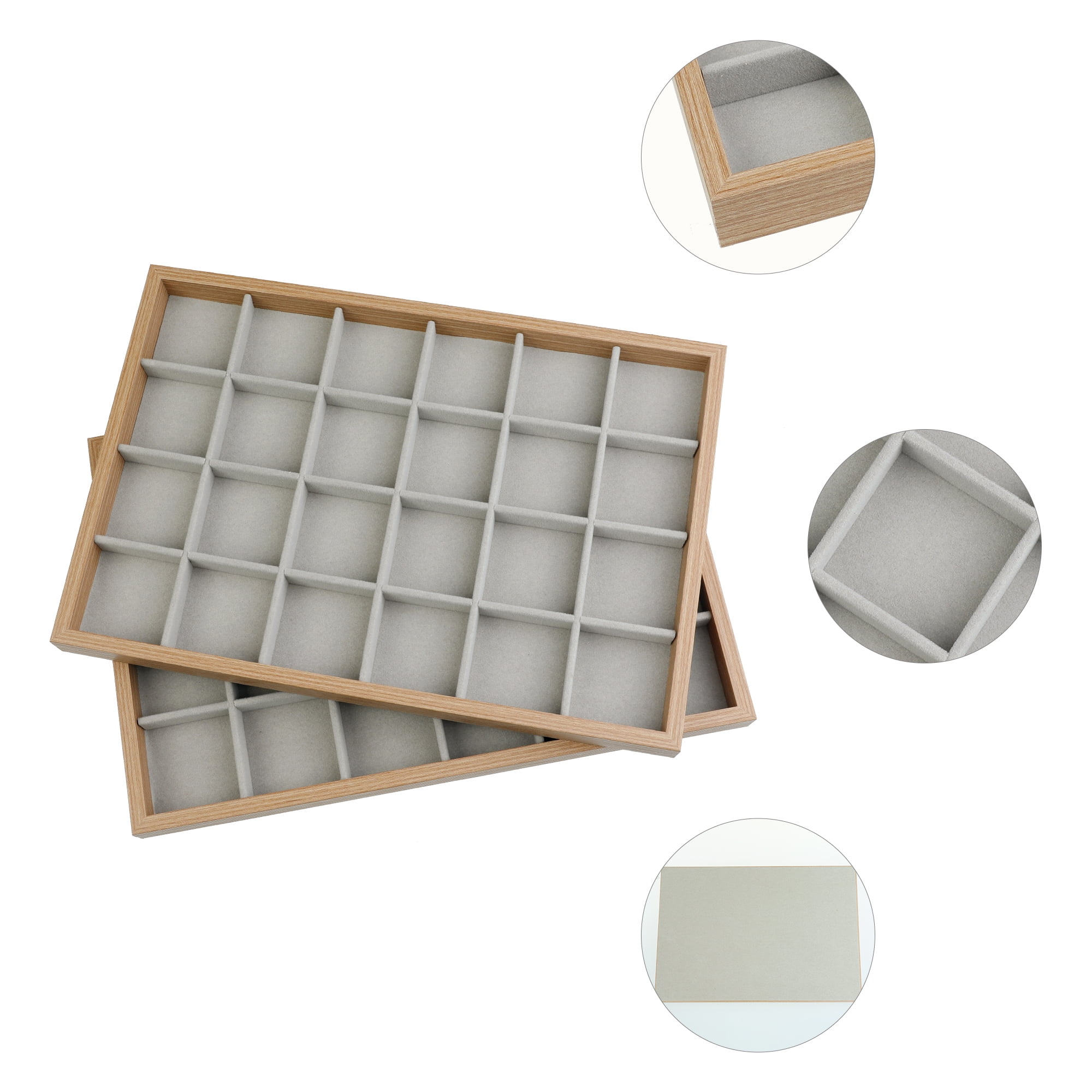 Unique Bargains Set of 2 Wood Jewelry Trays for Drawers Stackable Girls' Jewelry Organizer Light Brown-24 Grid Tray