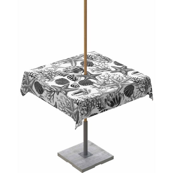 Outdoor Tablecloth with Umbrella Hole for Patio/Picnic/Party/Camping, Black Starfish Coral Waterproof Table Cloth Square Cover Washable, Ocean Shell Grey Vintage 54"x 54"