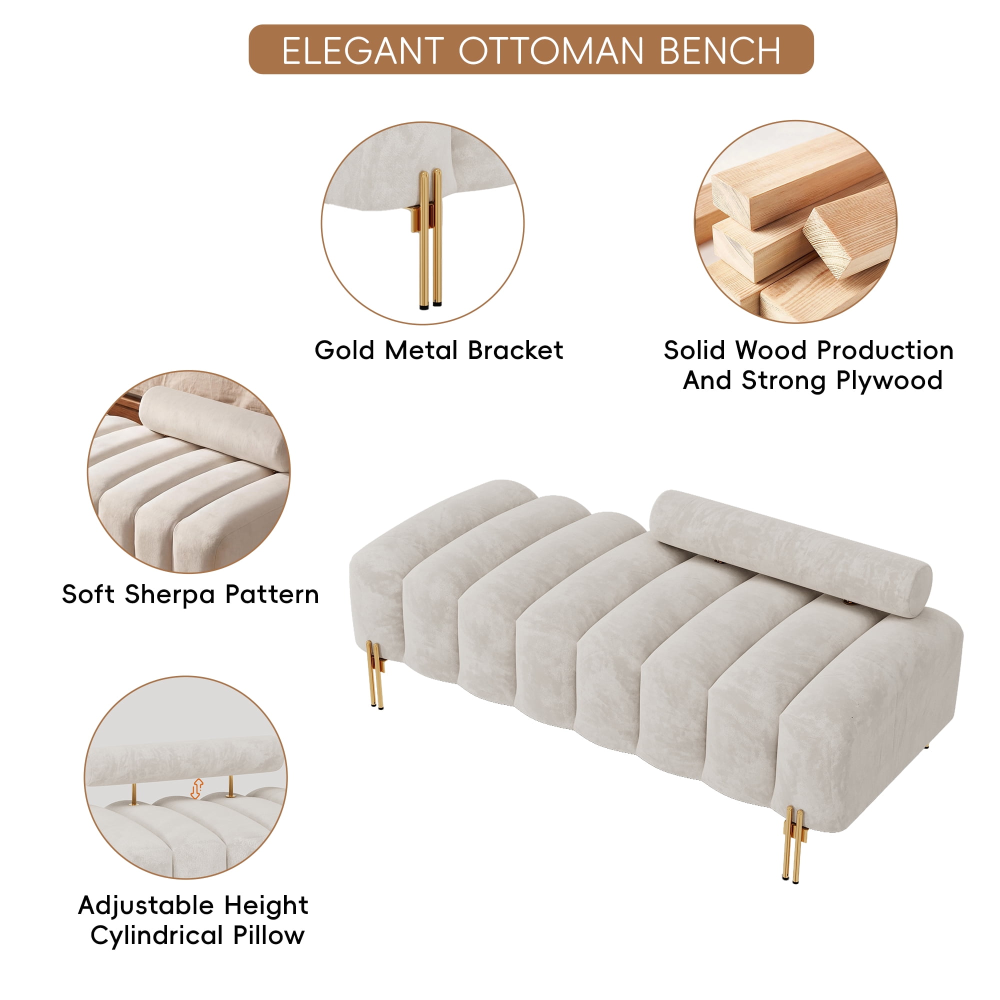 Wiilayok 52" Upholstered Velvet Ottoman Bench,End of Bed Bench with Gold Legs,Tufted Long Bench for Bedroom Living Room Foyer Indoor Entryway, Beige