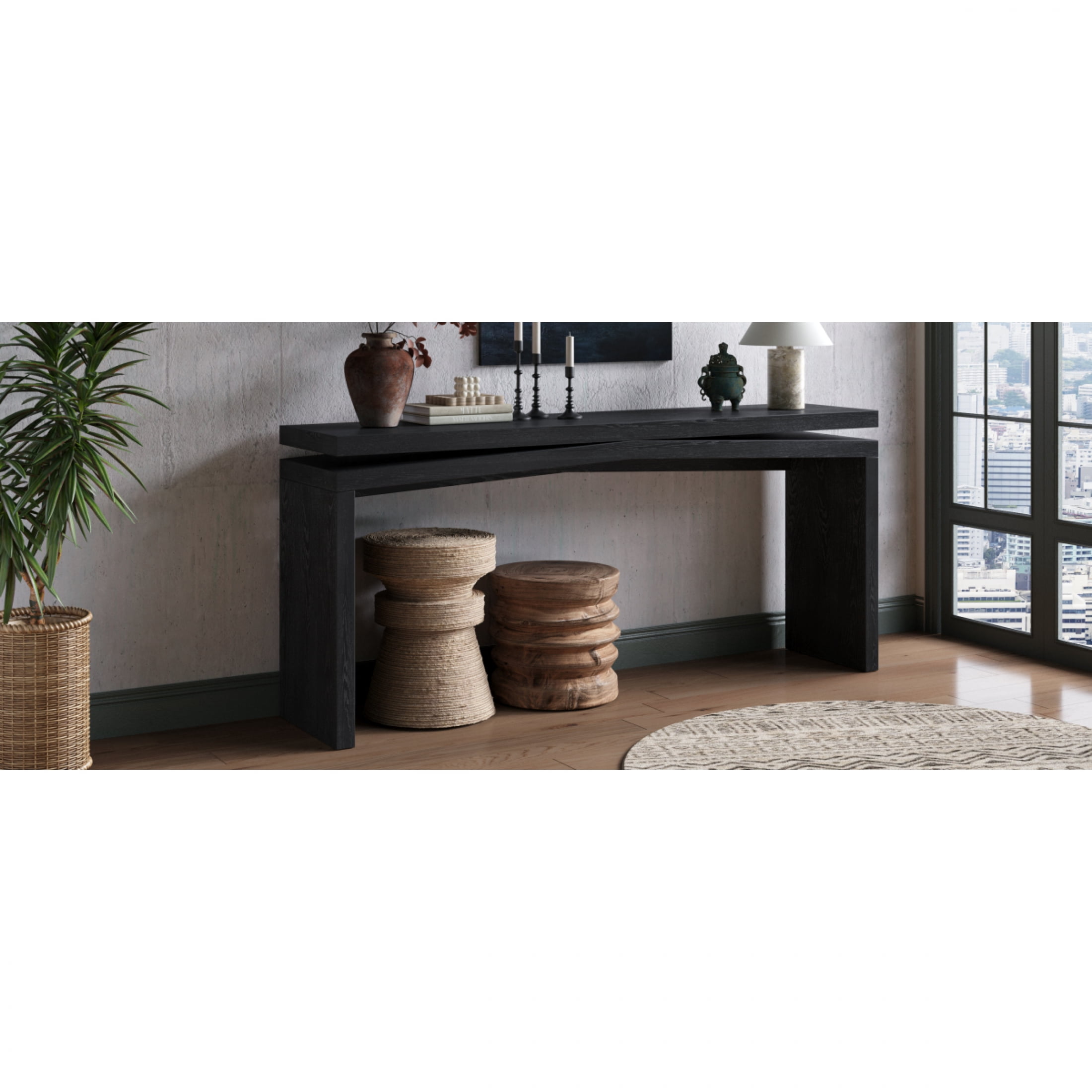 Atumcto 65" Long Console Table, Rustic Wood Entryway Table with Geometric Base, Narrow Sofa Table for Living Room Hallway, Farmhouse Accent Table