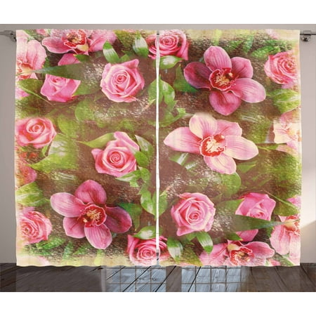 Retro Chick - Shabby Chic Curtains 2 Panels Set, Romantic Retro Floral Composition Grunge Wedding Corsage Artwork, Window Drapes for Living Room Bedroom, 108W X 96L Inches, Green Pink Pale Pink, by Ambesonne