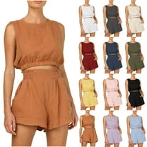 Dazajoo Womens Summer 2 Piece Outfits Short Sets Matching Sleeveless Tank Top High Waisted Shorts with Pockets,Brown,S