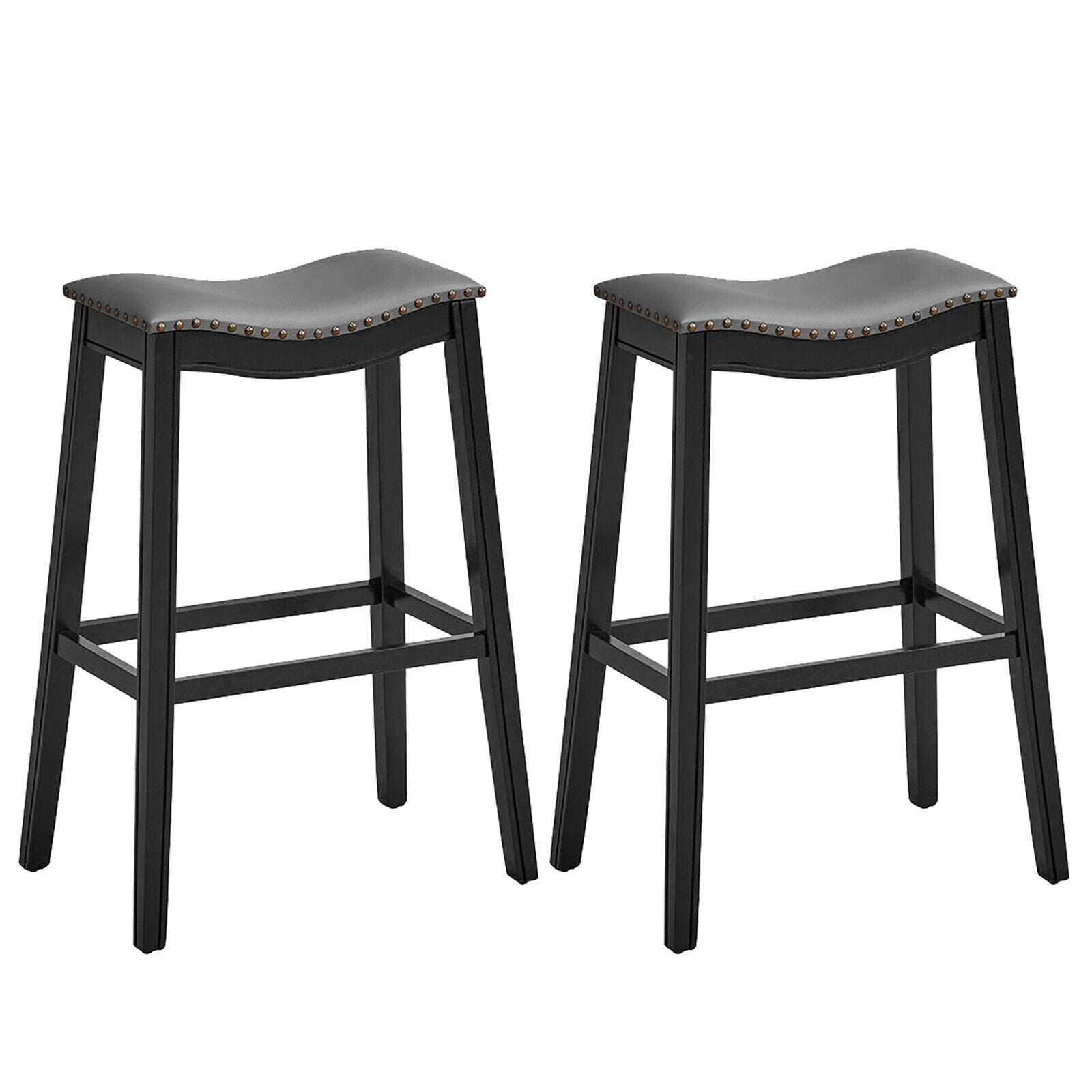 Set of 2 Black Saddle Bar Stools with Rubber Wood Legs Bar Height Kitchen Chairs