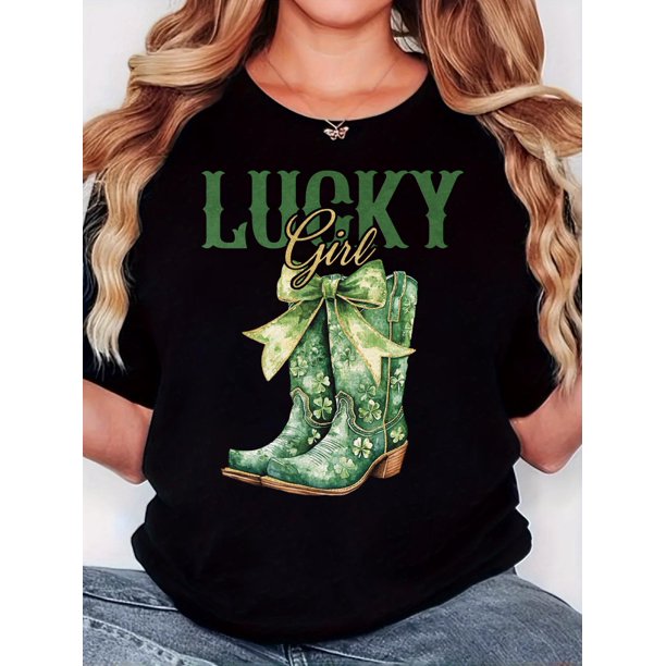 Women'S T-Shirt, "Luckyl Green Bow Boots Four-Leaf Clover" Print, Retro Minimalist Fashion, Round Neck, Casual Comfort, Sports Short-Sleeved T-Shirt