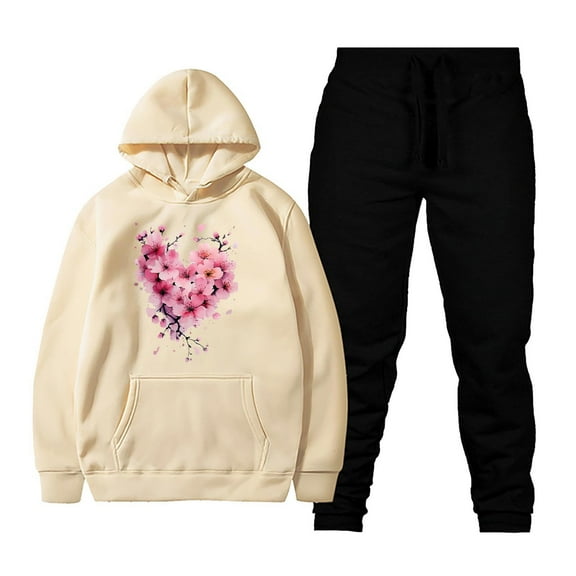 Xdegoge Womens Sweatsuits 2 Piece Set Floral Print Long Sleeve Hooded Sweatshirt Casual Drawstring Hoodie Y2K Sport Lounge Outfits Joggers High Waist Loose Sweatpants 2025 Stylish Cozy Tracksuit