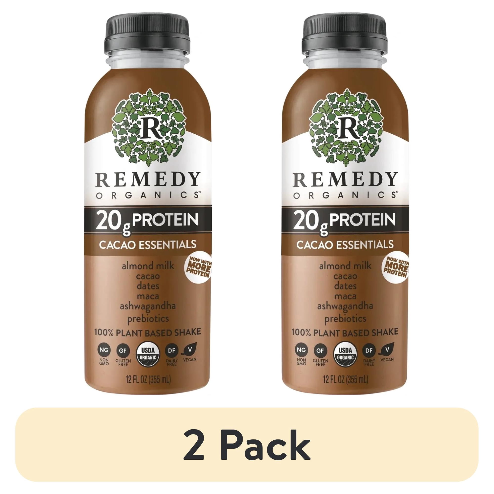 (2 pack) Remedy Organics Plant Based Cacao Essentials Nutritional Instant General Wellness Shake, 12 fl oz