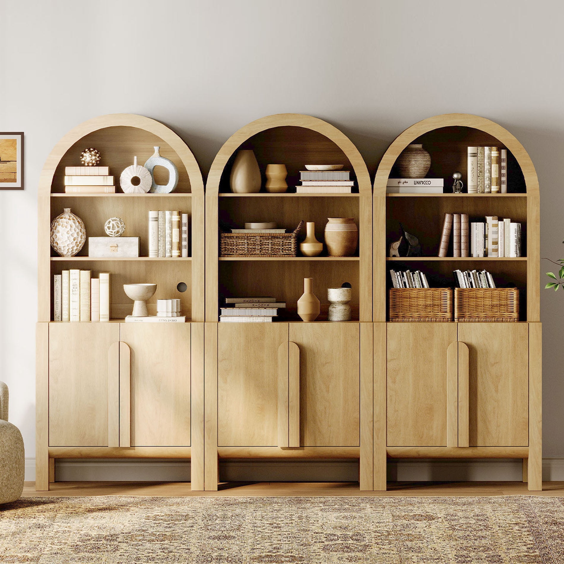 71"H X 94.5"W Arched Bookshelf, Modern 5 Tier Bookcase with 3 Cabinet, Wooden Large Display Cabinet with Doors and Adjustable Shelves, Versatile Bookshelf for Living Room, Study, Office