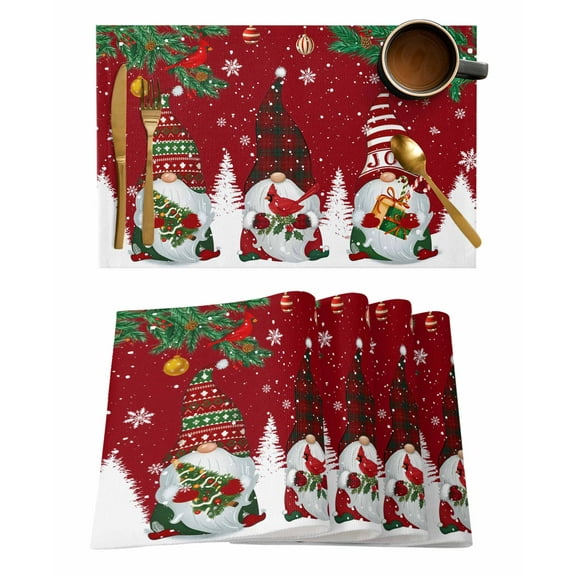 Placemats Set of 6, Christmas Gnomes Woven Placemat, Linen Place Mats for Kitchen/Dining Tables, Red Joy Pine Branches Cardinal Birds Washable Table Mats for Party