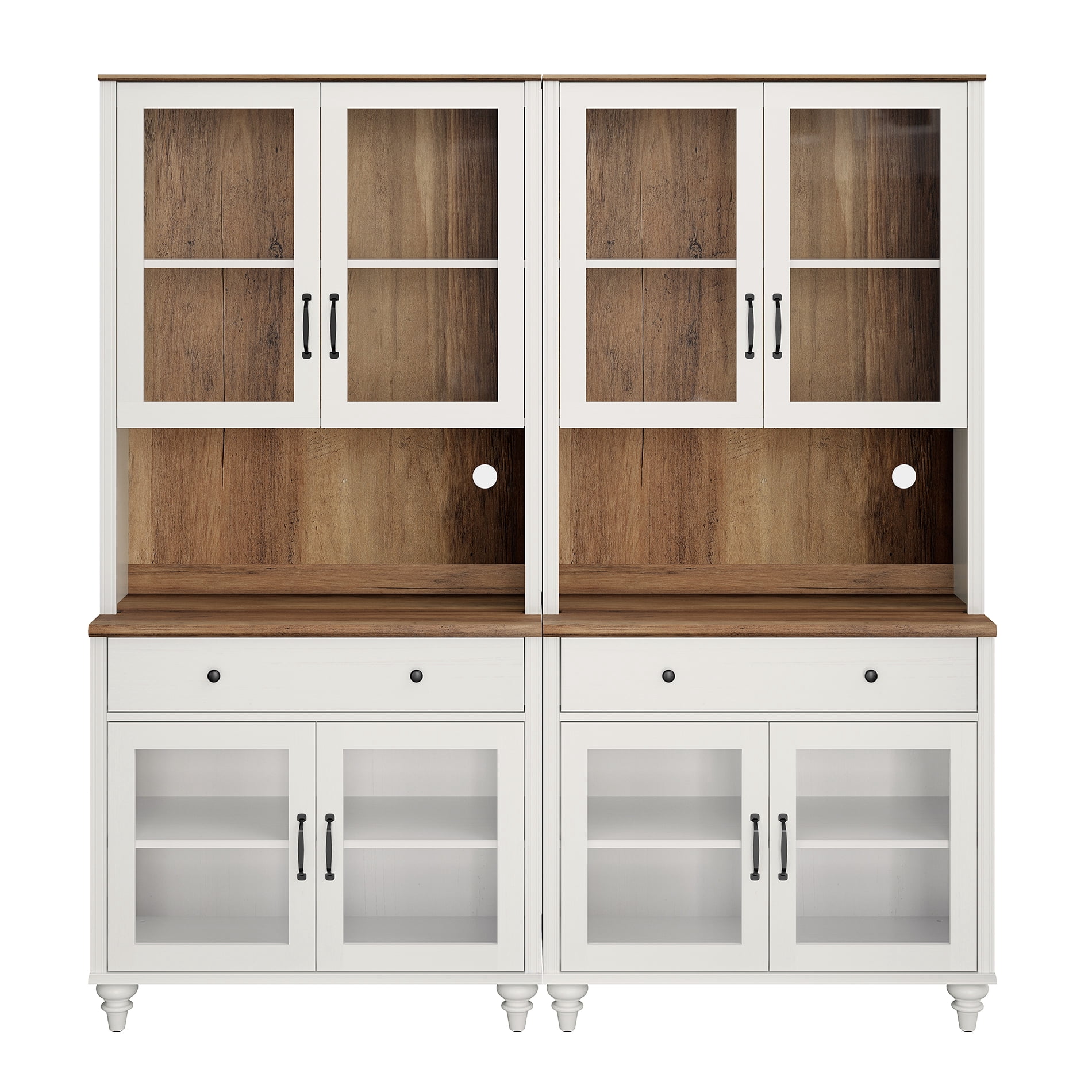 72.1"H × 67.7"W Bookcase with Glass Doors and Drawer, Large Farmhouse Bookcase with Bar Hutch, Suitable for Living Room, Bedroom, Home Office & Kitchen, White
