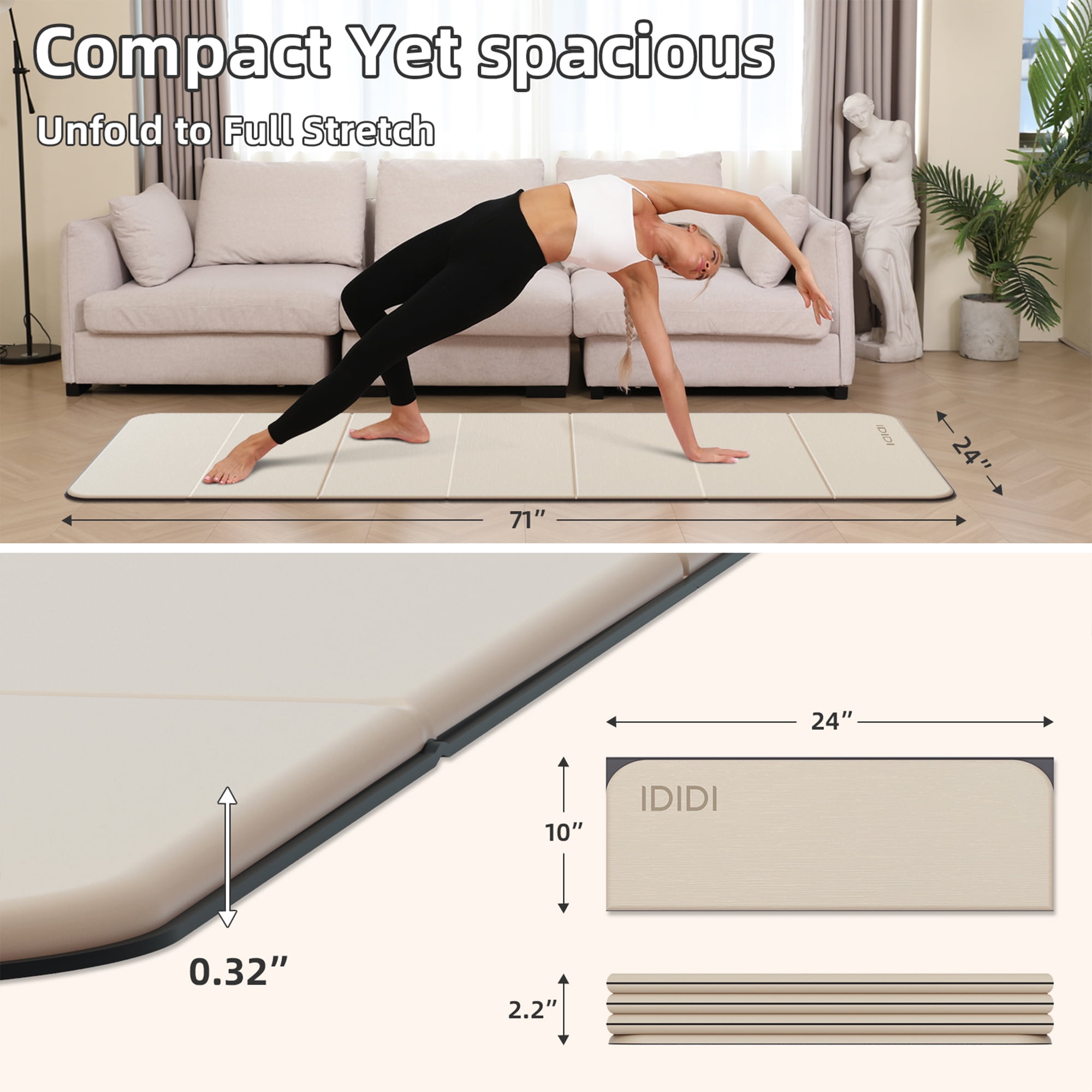 IDIDI 8mm Thick Foldable Yoga Mat - 3-in-1 Folding TPE Non-Slip Mat for All-Level Yoga, Tear-Resistant & Quick-Flat Design, 71x24in (Gray+Black)