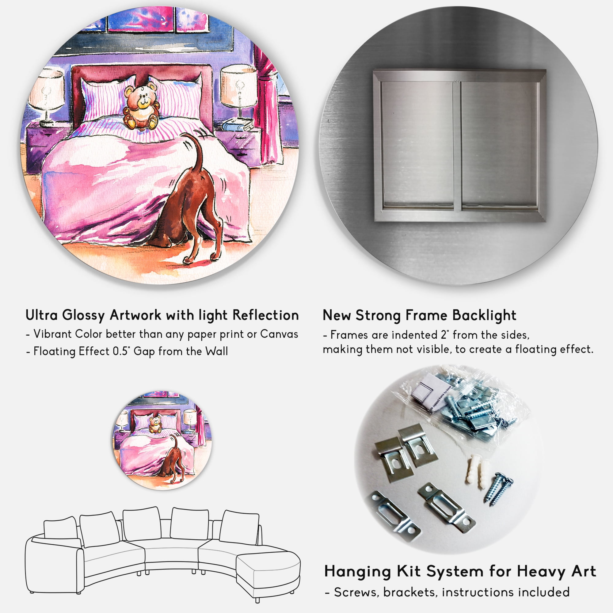 Designart 'Brown Dog Looking Under the Bed and Teddy Bear' Farmhouse Circle Metal Wall Art 29x29 - Disc of 29