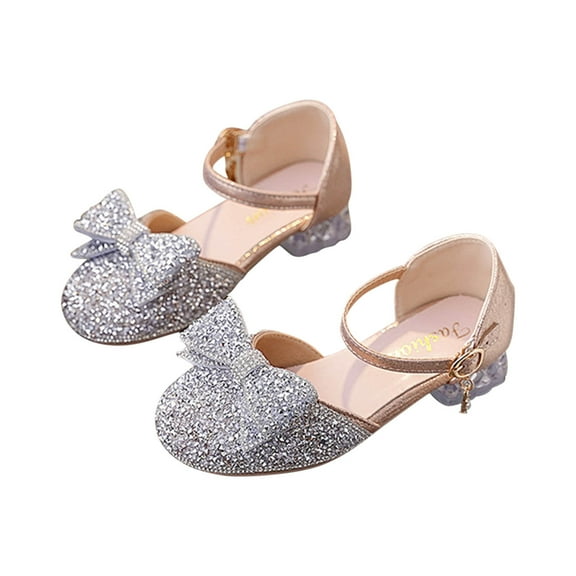 LOVZFMLL Girls Dress Shoes Glitter Princess Shoe Mary Jane Bow Low Heels Party Wedding Prom Footwear for Toddler Kids Pink 4-4.5 Years