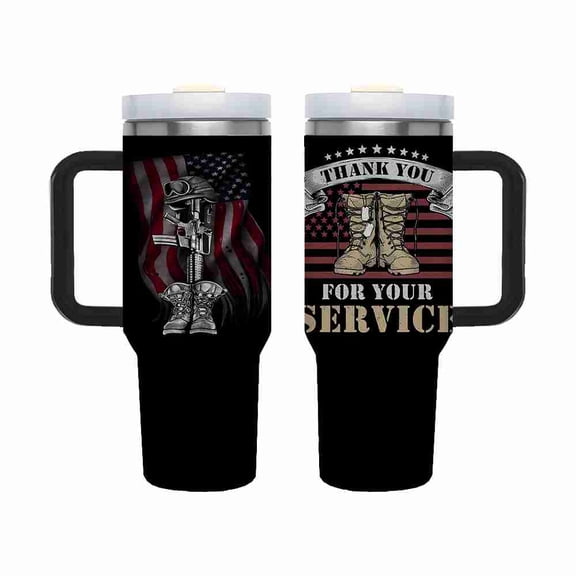 40 oz Military Thank You for Your Service Tumbler with Handle and Straw, Insulated Stainless Steel Travel Cup for Veteran Gifts
