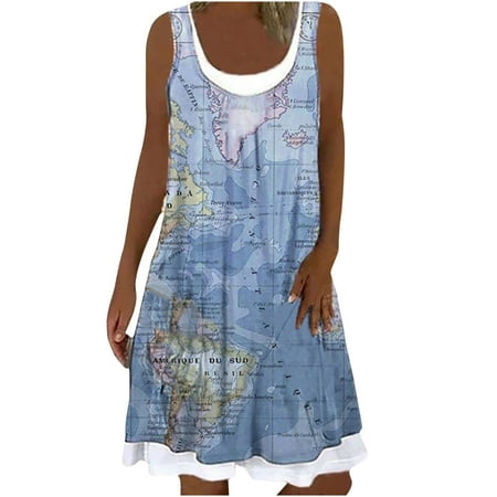 

Juebong Women Fashion Casual Sexy Round-Neck Floral Printing Fake Two-Piece Dress