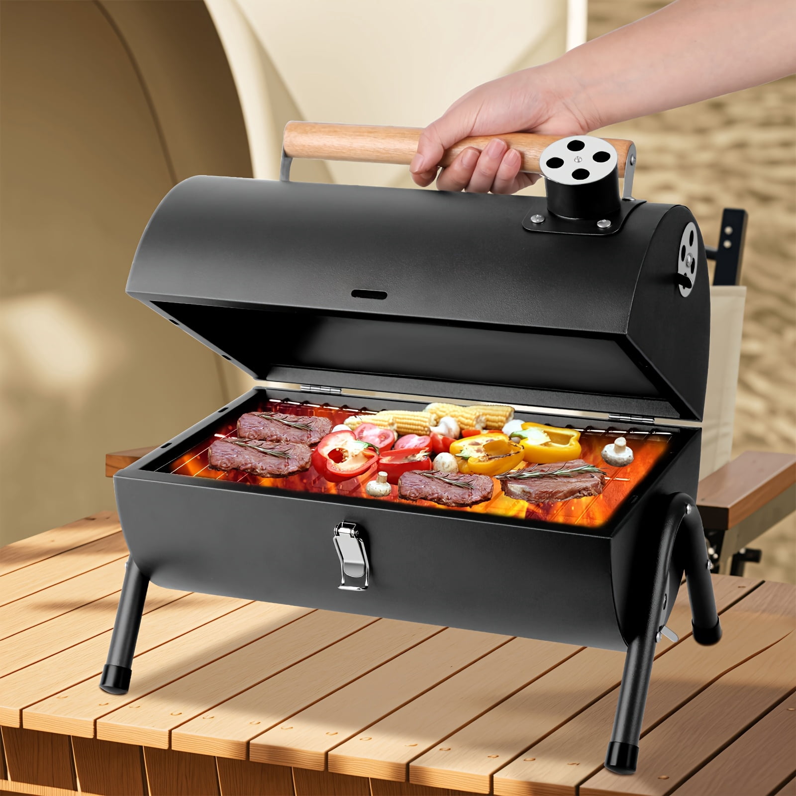 Compact Portable Barrel Charcoal Grill with Double-Side Griddle – Foldable Outdoor Barbecue & Camping Smoker, Black