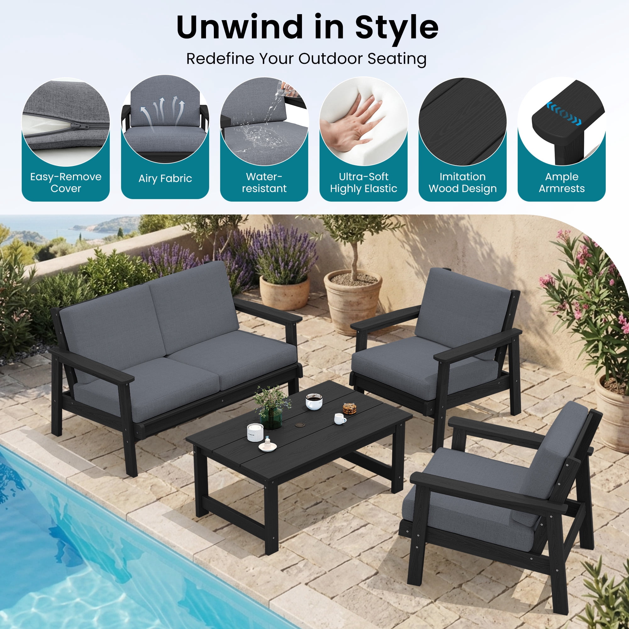 SERWALL 5 Pieces Outdoor HDPE Patio Furniture Sets, Conversation Sets with Cushions, 2 Armchairs & 1 Loveseat & 1 Coffee Table for Poolside, Balcony, Porch & Backyard, Black / Grey