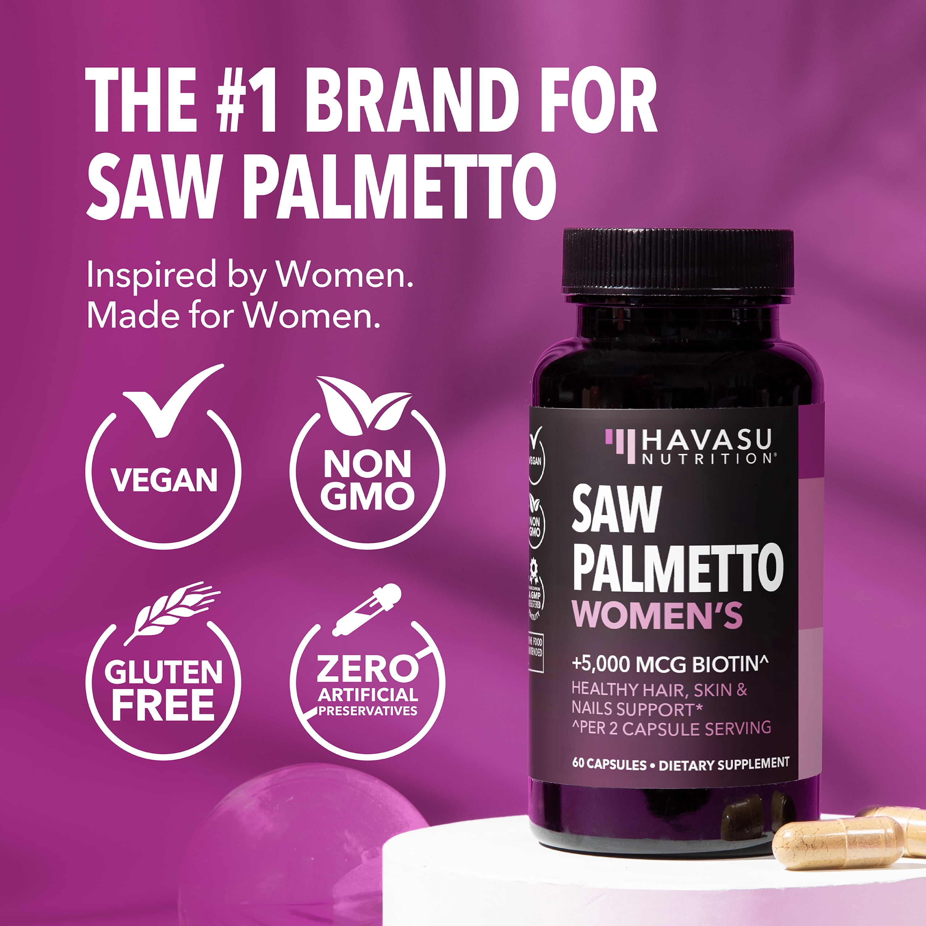 Havasu Nutrition Women’s Saw Palmetto Capsules with 5000mcg Biotin for Hair, Skin, and Nails, 60 Count