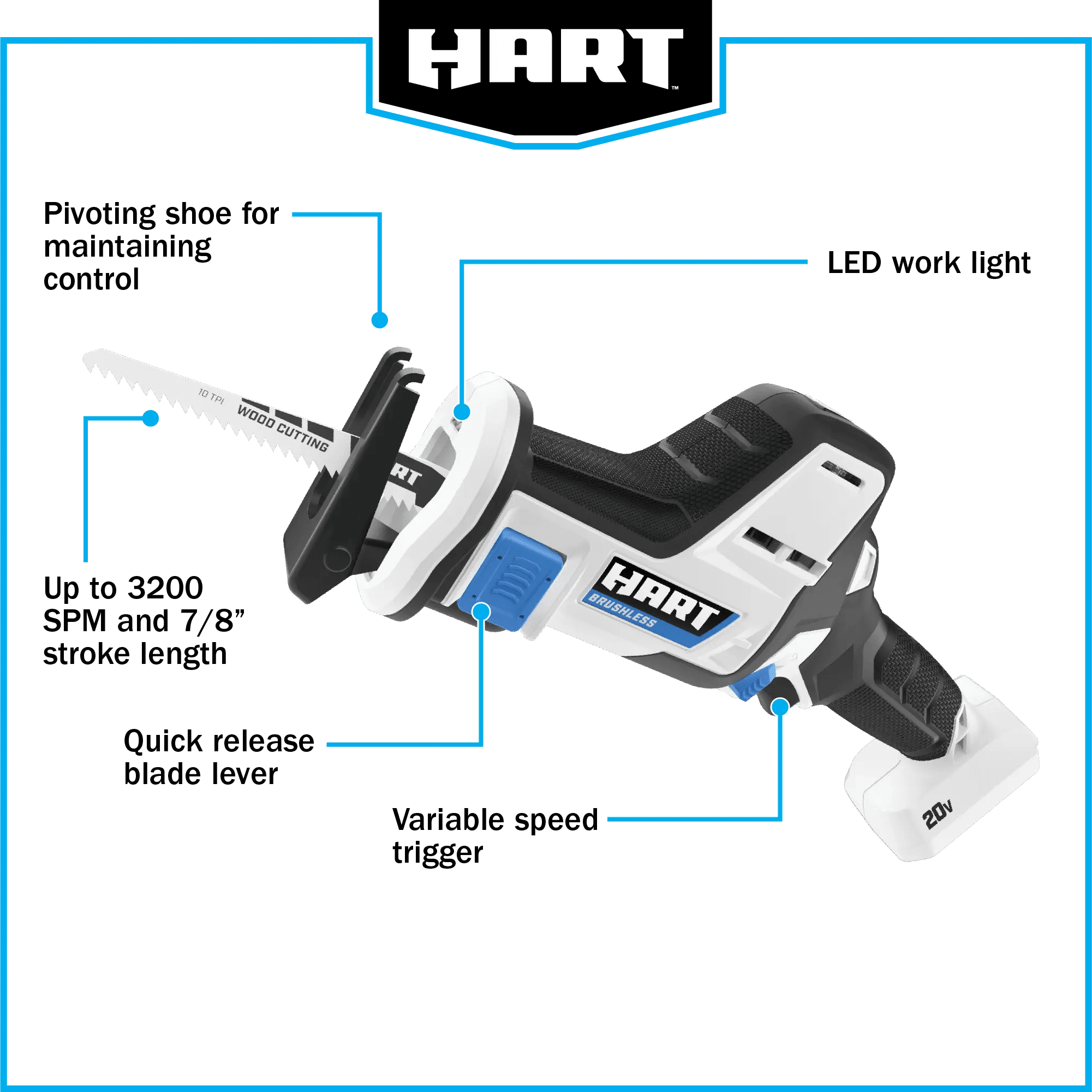 HART 20-Volt Brushless One-Handed Battery-Powered Reciprocating Saw (Battery Not Included)