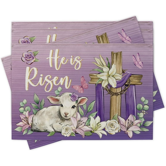 Easter Cross Lamb Purple Placemats Set of 4, Religious He is Risen Dining Place Mats Table Decor, Spring Lily Flower Home Kitchen Decoration 12 x 18 Inch