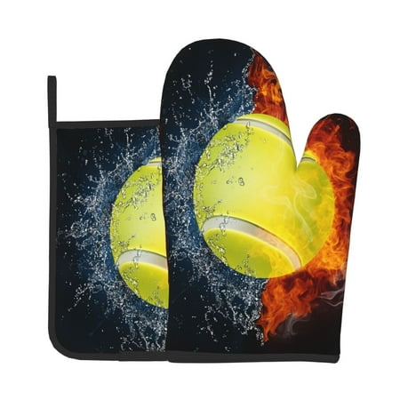 

Gaeub Tennis Ball In Fire And Water Print Oven Mitts and Pot Holders Sets of 2 Heat Resistant Pad Cooking Gloves for Baking BBQ Home Decor