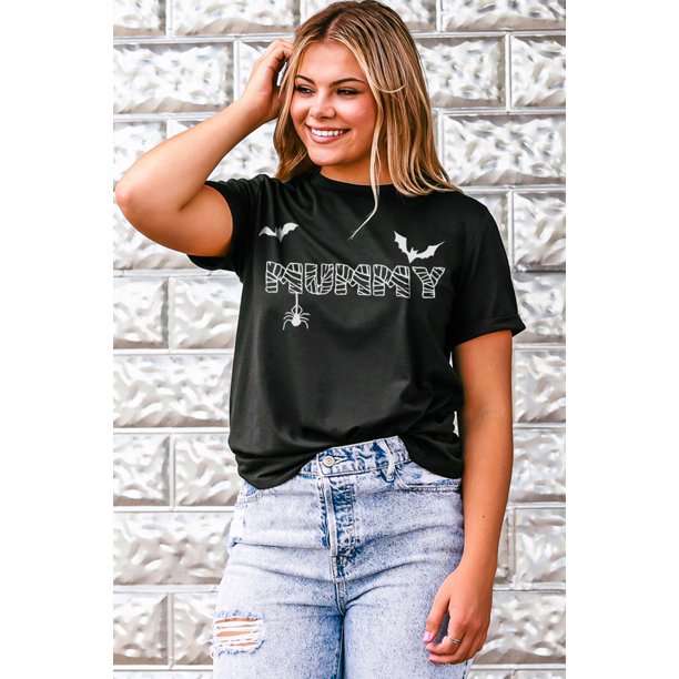 ABPHQTO Camiseta negra de manga corta con estampado gráfico MUMMY Halloween para mujer