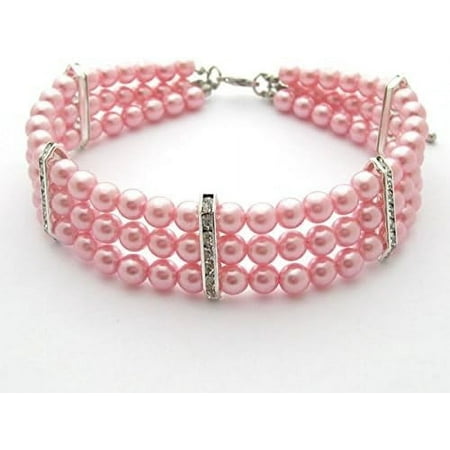 Fancy 3 Row Pearls Diamond Dog Necklace Collar Jewelry with Bling Rhinestones for Pets Cats Small Dogs Girl Teacup Chihuahua Yorkie Clothes Costume Outfits (Pink  12 to 14-Inch)