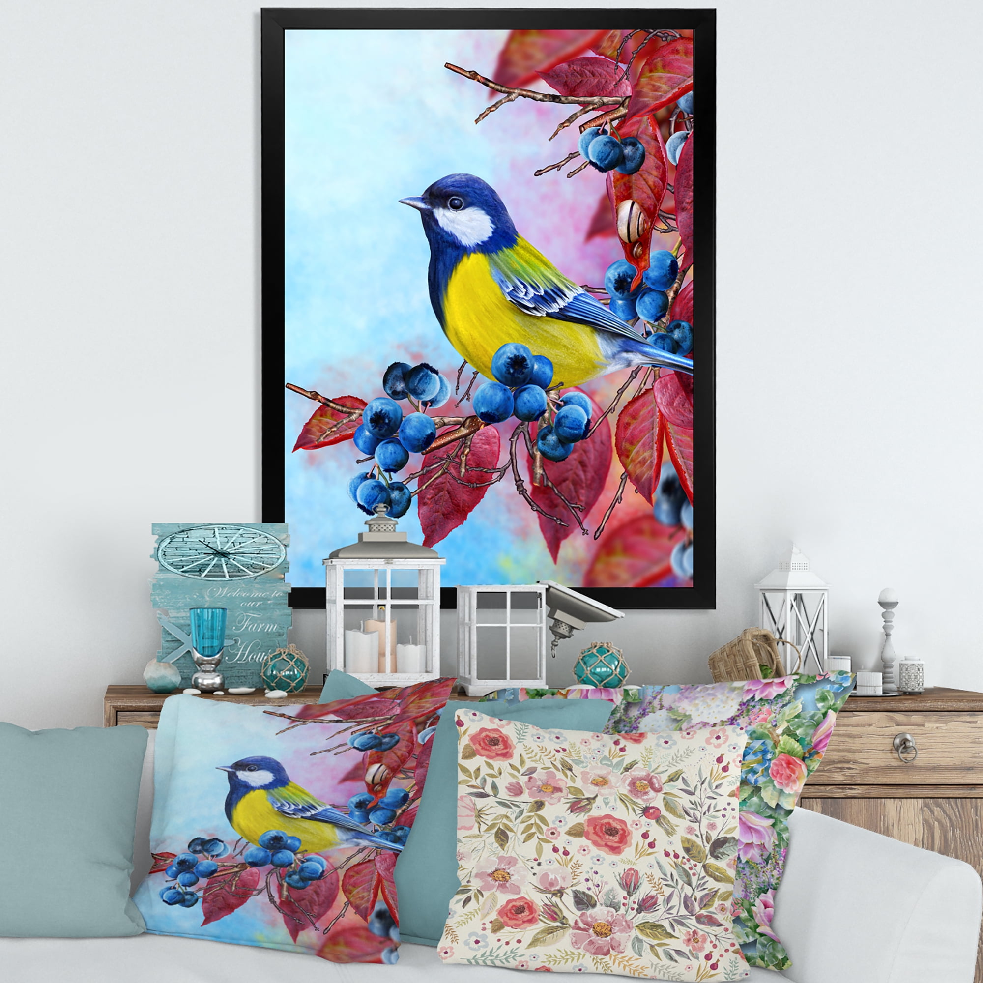 Designart 'Bright Bird Bullfinch Sitting On A Branch of Berries II' Traditional Framed Art Print