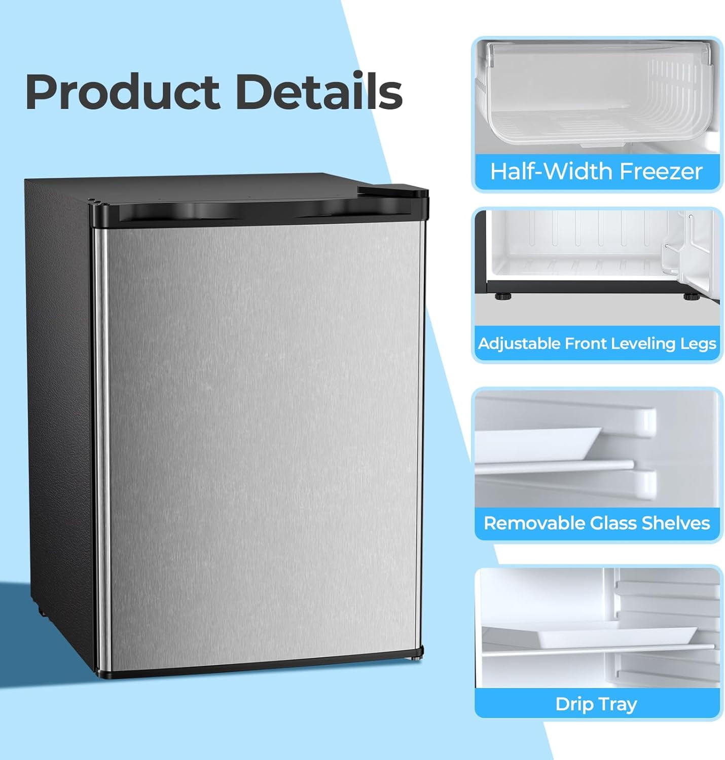 2.56 Cu.Ft Mini Fridge with Freezer,Small Refrigerators with 7 Adjustable Thermostat,Low Noise,Energy Saving,Compact Refrigerators for College Dorm,Office,Bedroom,Apartment,Stainless Steel Sliver