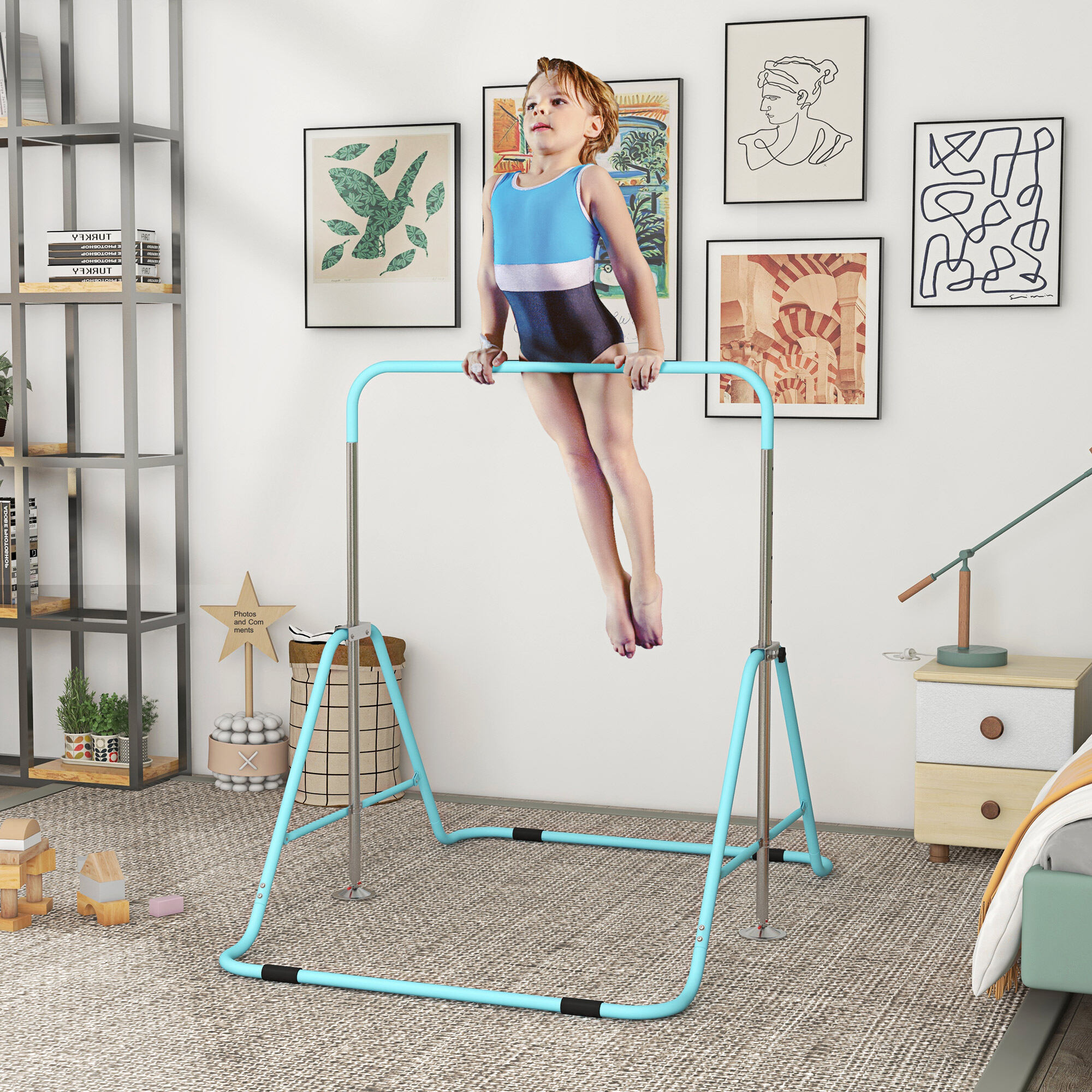 Qaba Folding Gymnastics Bar for Kids with Shock Absorption,Adjustable Gymnastics Horizontal Bar,Gymnastics Kip Bar for Home Use,Green,Green Steel Sports Fitness Exercise Equipment
