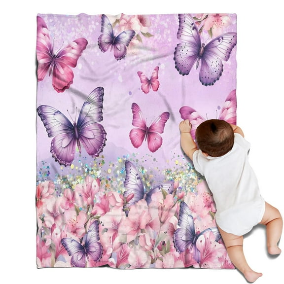 Pink Butterfly Flower Pattern Blanket,Comfortable Soft Flannel Throw Blanket,All Season,Warm Lightweight Blankets for Sofa Bed Couch Living Room Chair,30"x40"