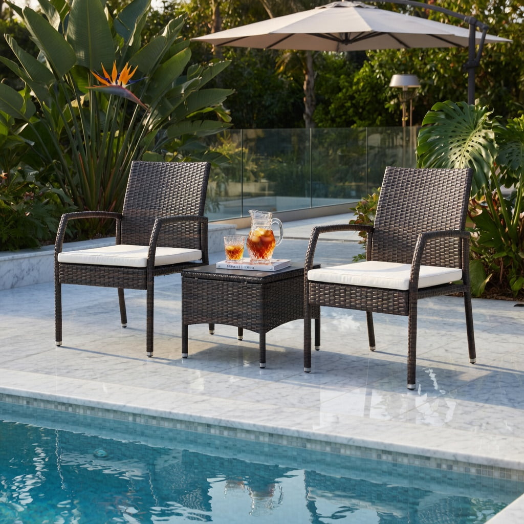 Hommoo 4-Piece Wicker Patio Dining Chair Set with Off-White Zippered Cushions, PE Rattan Outdoor Armchairs for Backyard, Porch & Poolside, Brown