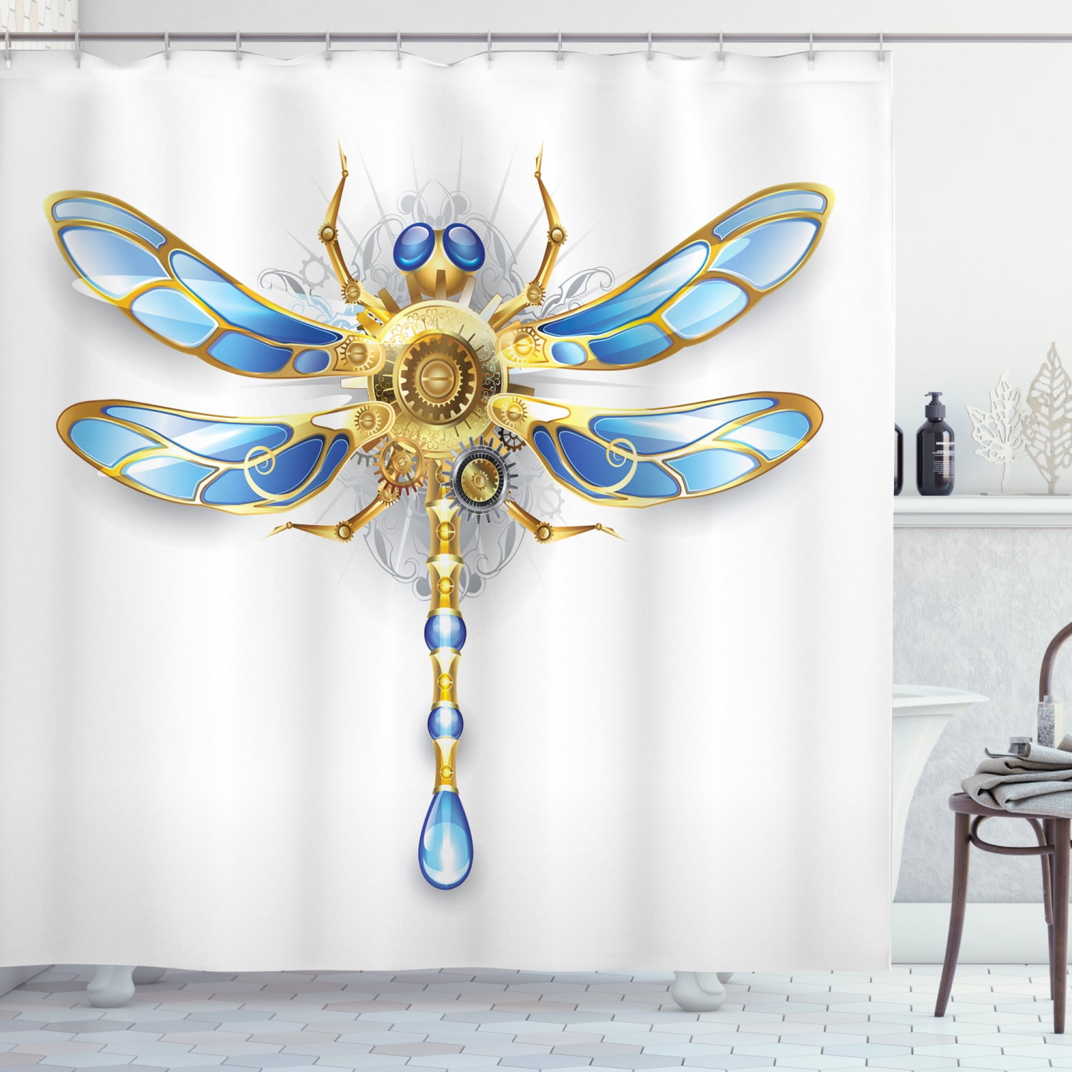 Dragonfly Shower Curtain, CloseUp View of Mechanical Dragonfly with