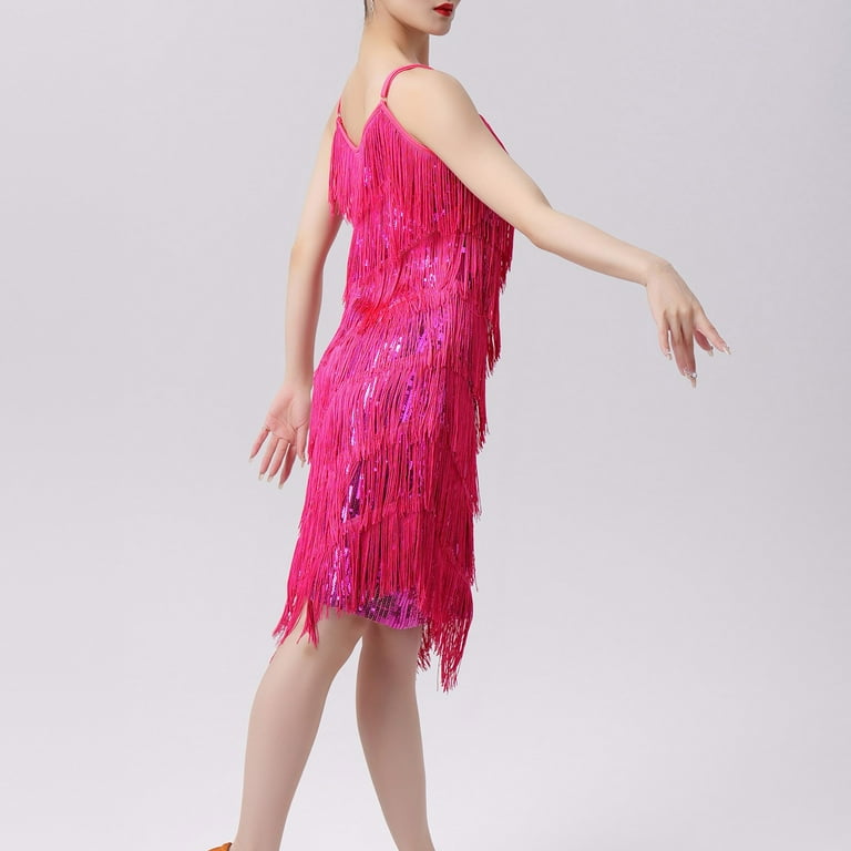 STETMN Womens Latin Dress Lace Rhinestone Fringe Skirt Ballroom Salsa Cha  Cha Dance Party Dress with Armband - Walmart.com