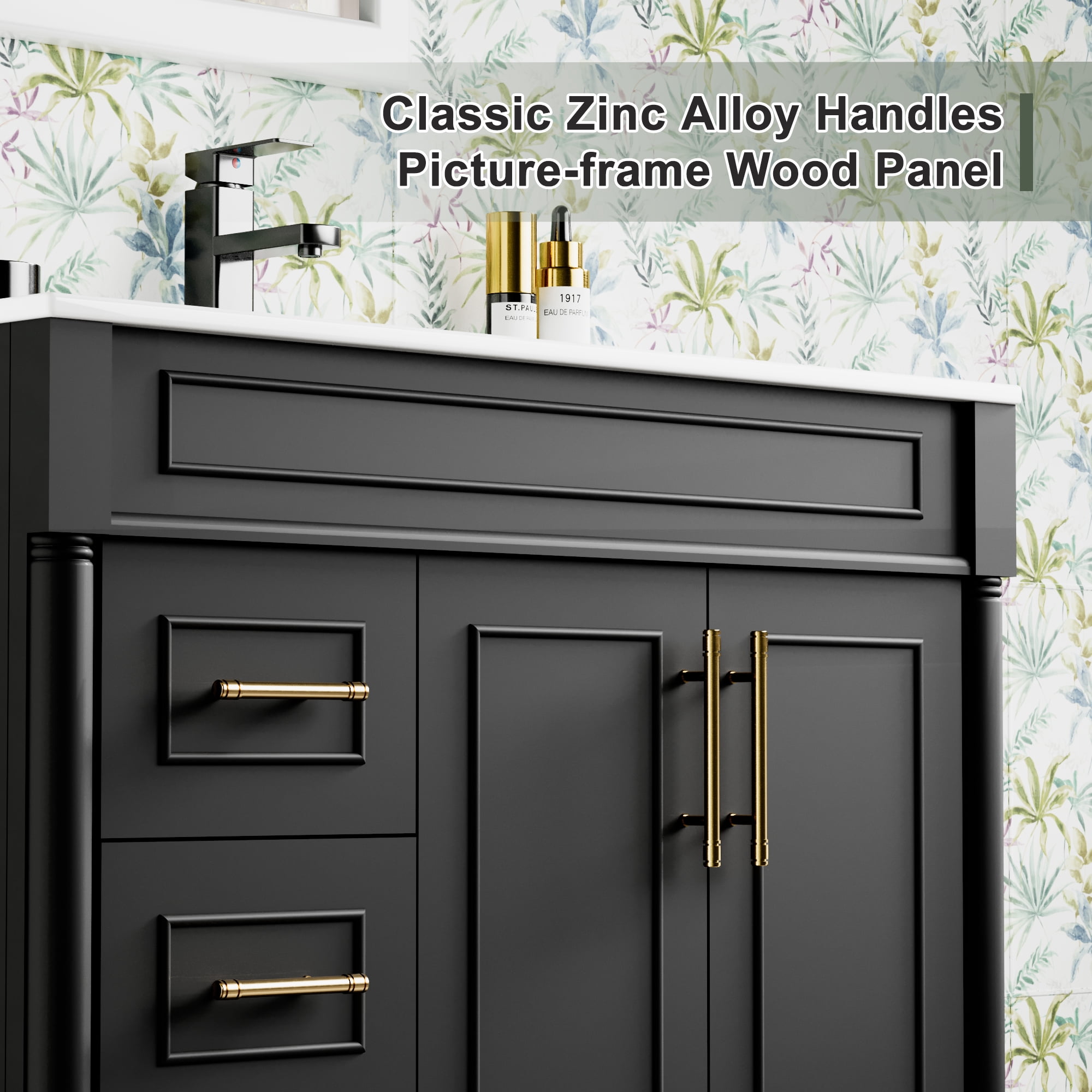 36" Freestanding Bathroom Vanity with Ceramic Sink Top, Zinc Alloy Faucet, Classic Tapered legs