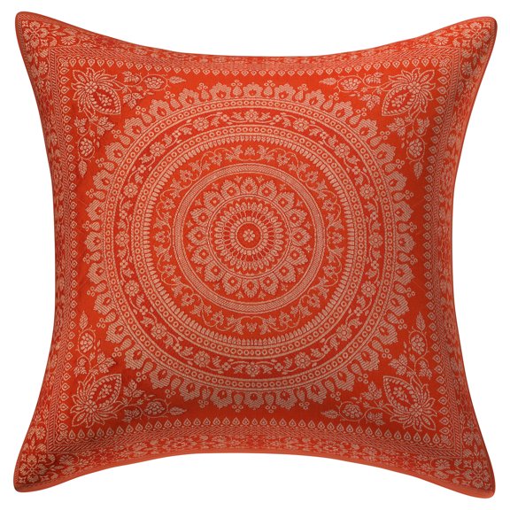 Stylo Culture Indian Brocade Living Room Throw Pillow Sham Cover Orange 16 x 16 Traditional Jacquard Weave Gold Sofa Cushion Cover 40x40 cm Polydupion Silk Mandala Square Pillow Case | 1 Pc