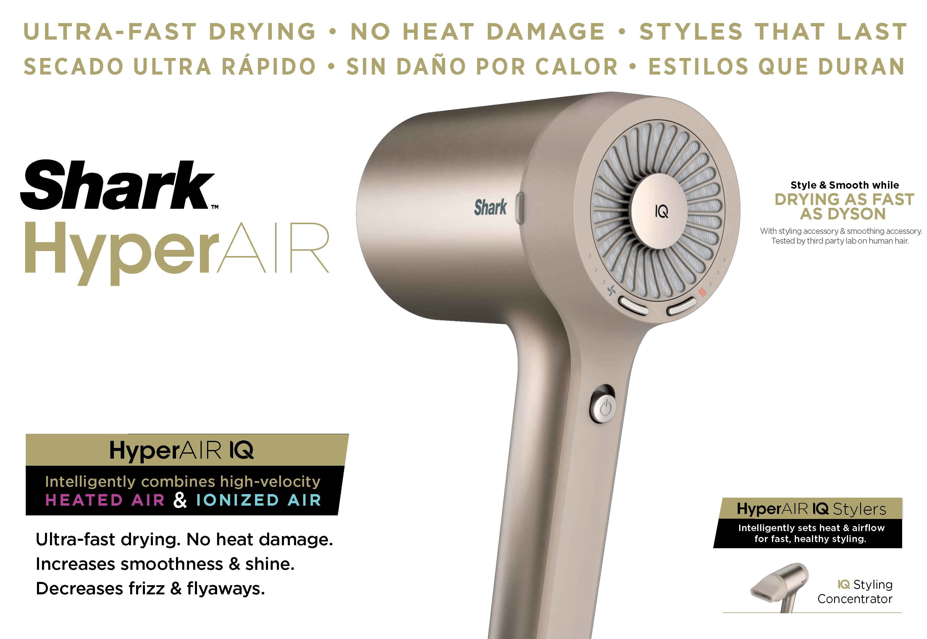 Shark HyperAIR Fast-Drying Hair Blow Dryer with IQ Styling Concentrator  Attachment, Auto Presets, For Straight, Wavy, and Curly Hair, No Heat  Damage, Ionic, Less Frizz, More Shine (HD101) - Walmart.com