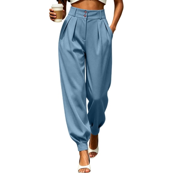 Womens High Waisted Pleated Jogger Pants, Comfy Tapered Trousers with Pockets,Size L