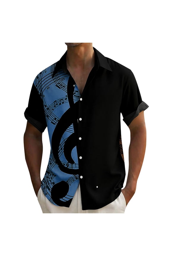 Men's Tropical Musical Note Print Short Sleeve Shirts Summer Short Sleeve Button down Beach Top Relaxed Fit Breathable Music Festival Stylish Casual Wear Navy XL