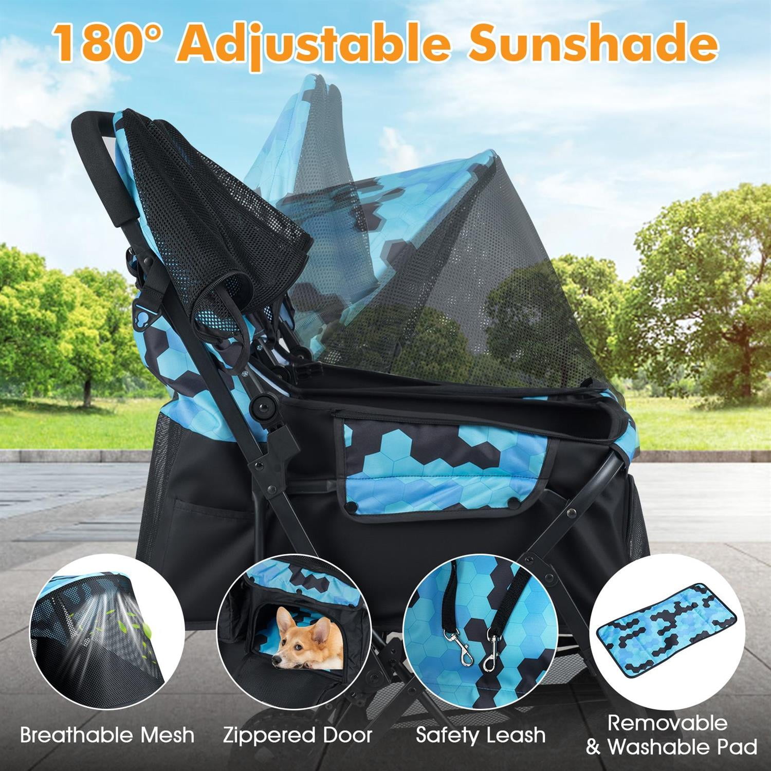 Pefilos Foldable Double Pet Stroller, Adjustable Sunshade & Storage Basket, Rustproof Aluminum Frame, Navy (Blue)