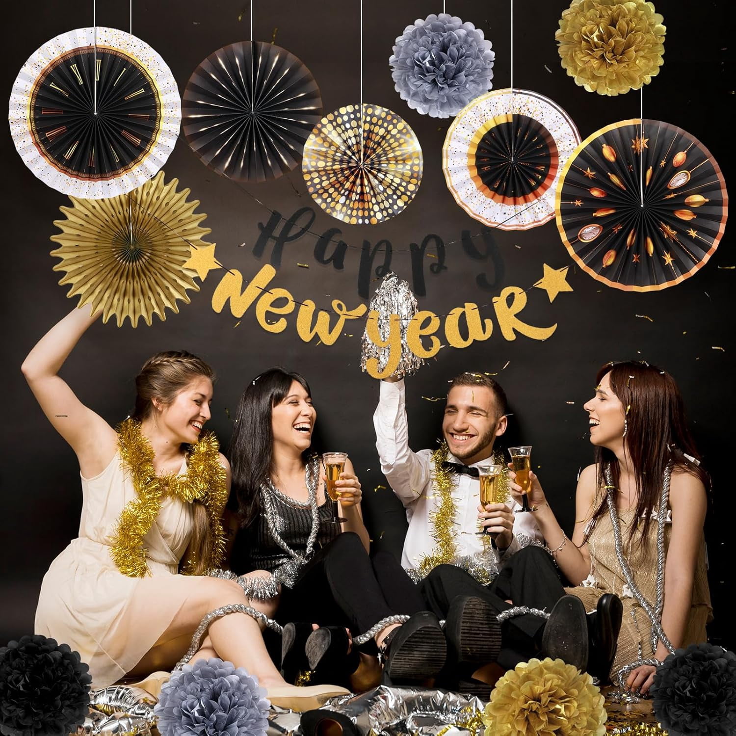 New Years Eve Party Supplies 2026, Happy New Year Decorations Black Gold Hanging Paper Fans Tissue Pom Poms Happy New Year Banner for 2026 New Year Party Favor Supplies Decorations