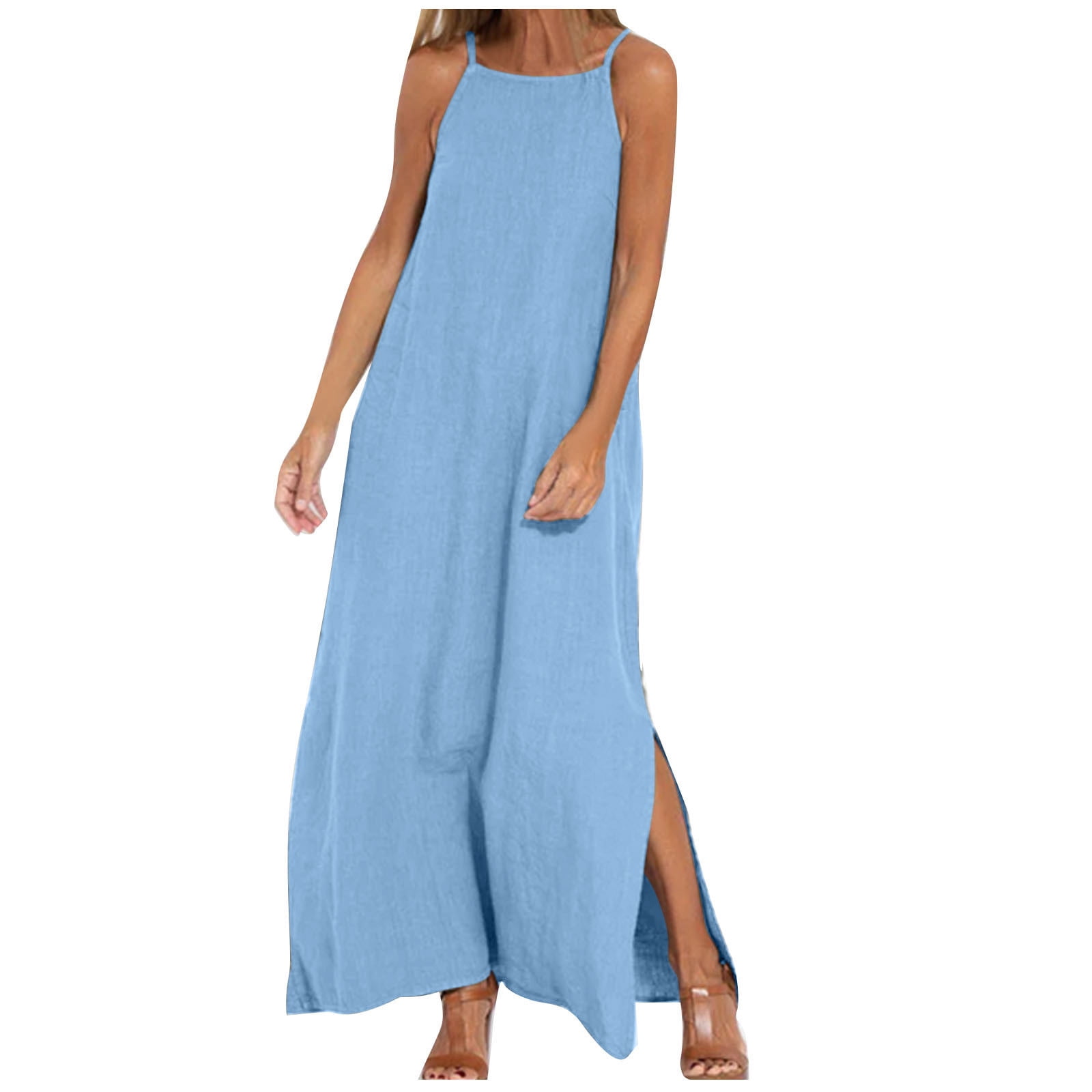 Staron Robe Bleue pour Femmes Bretelles Spaghetti Robes Unies Coton Lin Robe Boho Fluide Décontractée Printemps Maxi Longue Ample Sans Manches Robe d'Été m