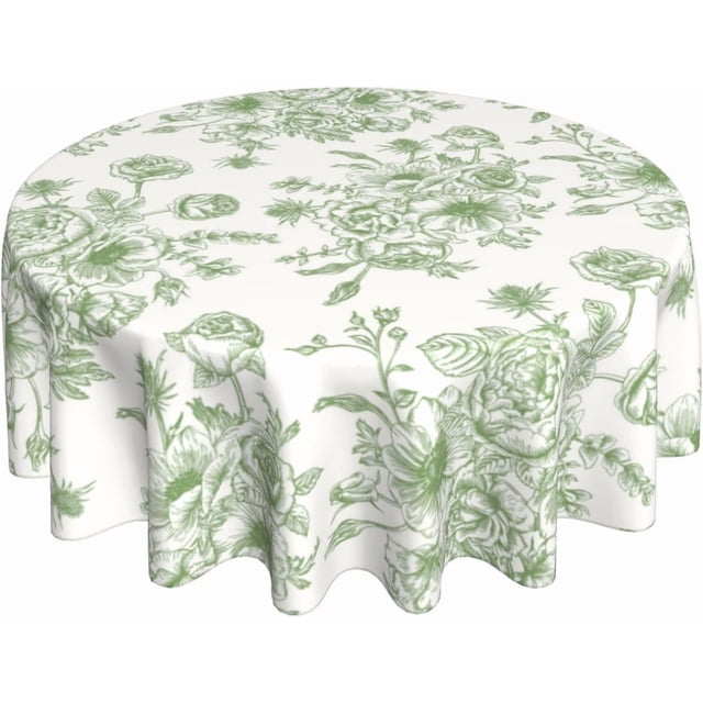 Spring Sage Green Floral Tablecloth Round 70 x 70 Inch Chioniserie Flowers Table Cloth Polyester Fabric Vintage Farmhouse Table Cover for Kitchen Party Dining Picnic Outdoor Decor