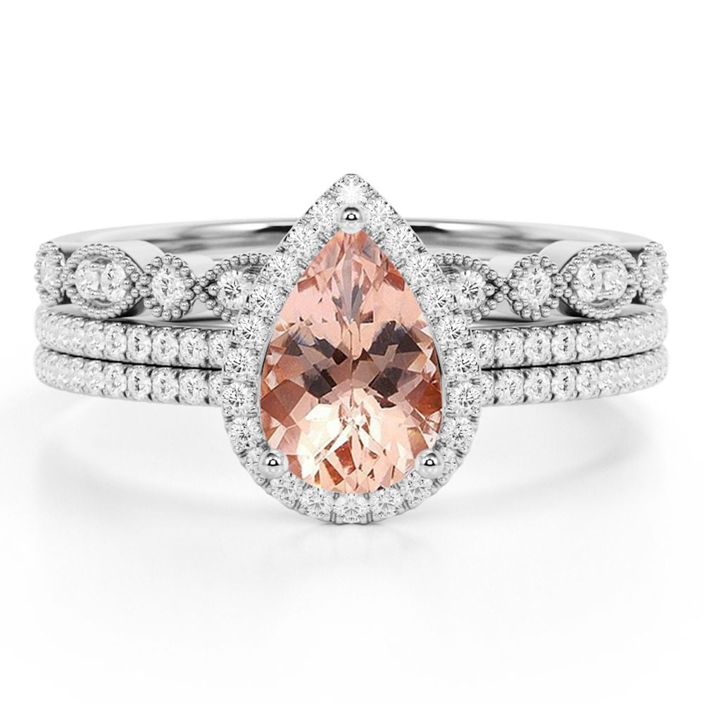 JeenMata Art Deco 1.75 Carat Pear Cut Peach Pink Lab Created Morganite Trio Bridal Set in 18k White Gold over Silver