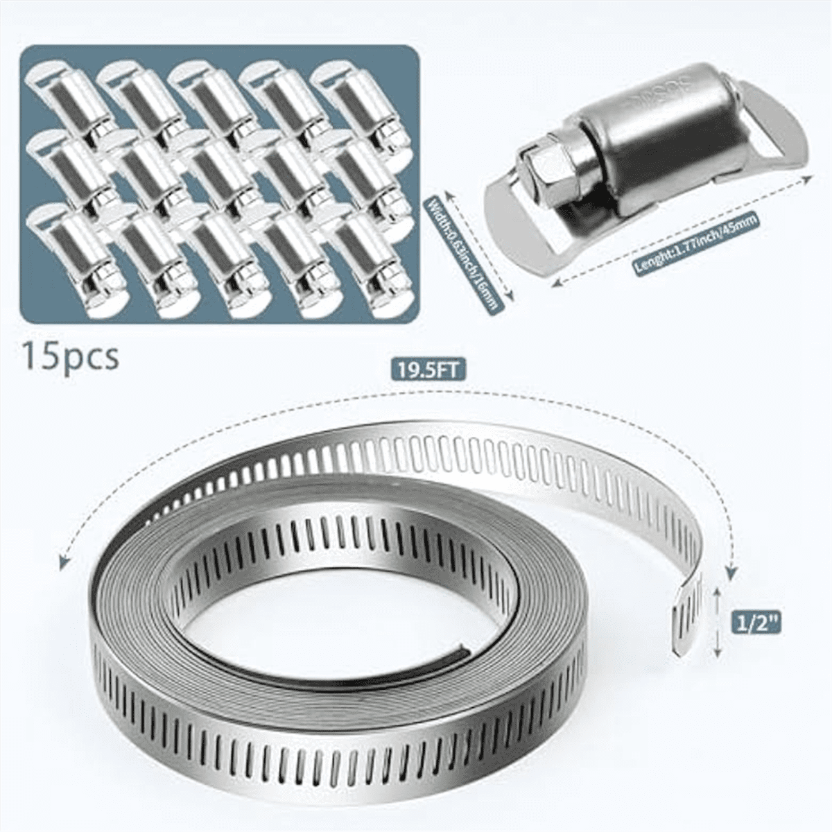 304 Stainless Steel Hose Clamps-for DIY, Cut-To-Fit 19.5 FT Strap+15 Fasteners Kit Adjusta2Xk15151