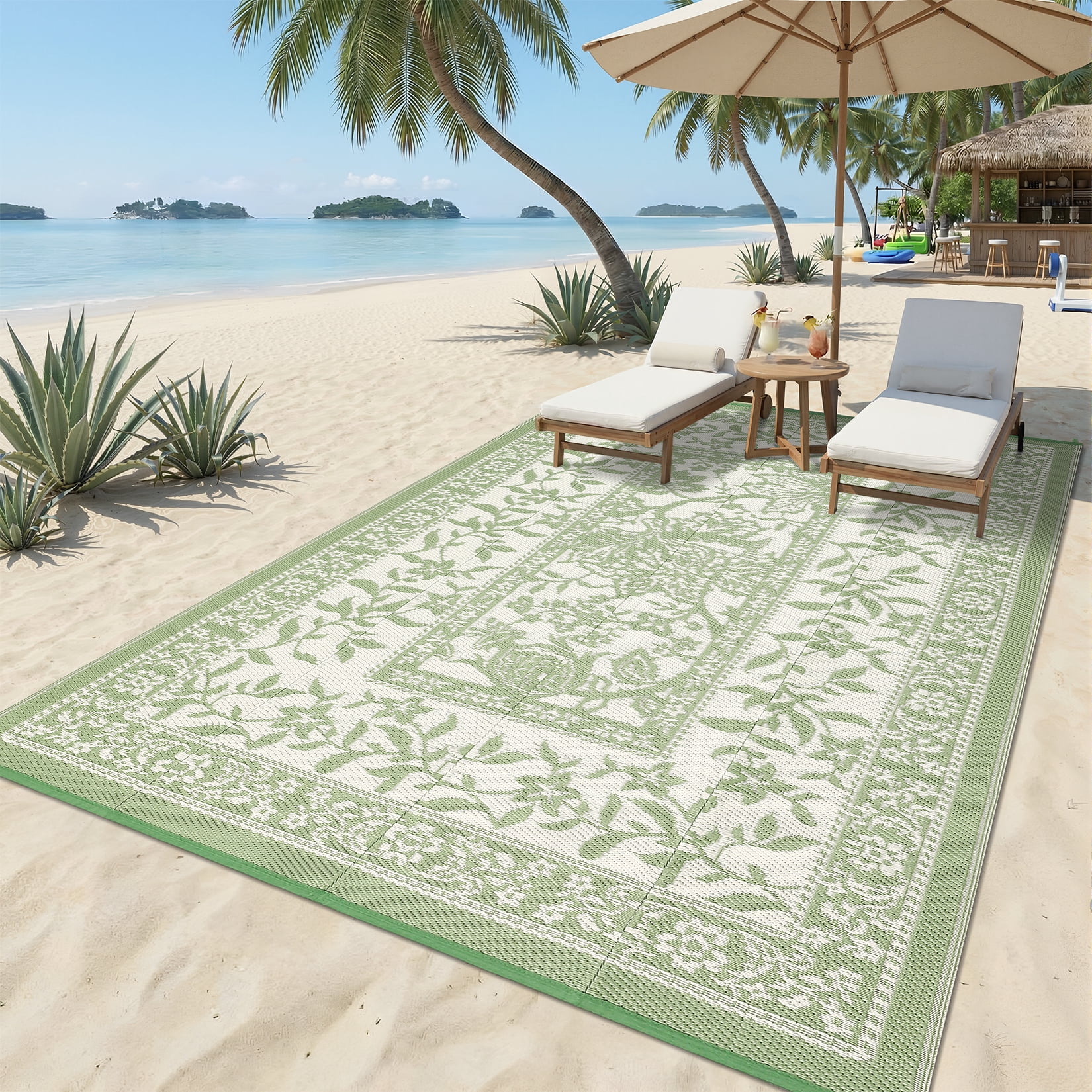 Garvee Outdoor Rug 9x12ft Waterproof Reversible Foldable Plastic Straw Rug, Modern Floral Border Outdoor Mat for Patio, Camping, RV, Deck, Porch, Balcony, Gray Green
