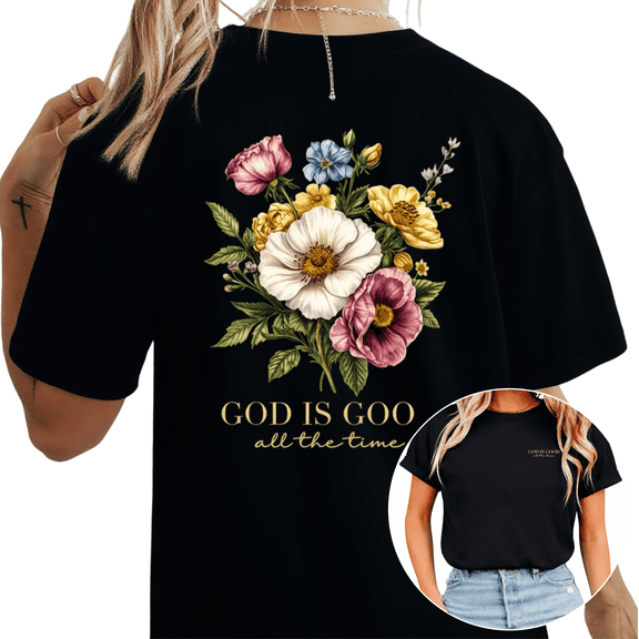 Cozymy Women's "God Is Good All The Time" Floral Graphic Short Sleeve T-Shirt Crew Neck Christian Inspirational Tops