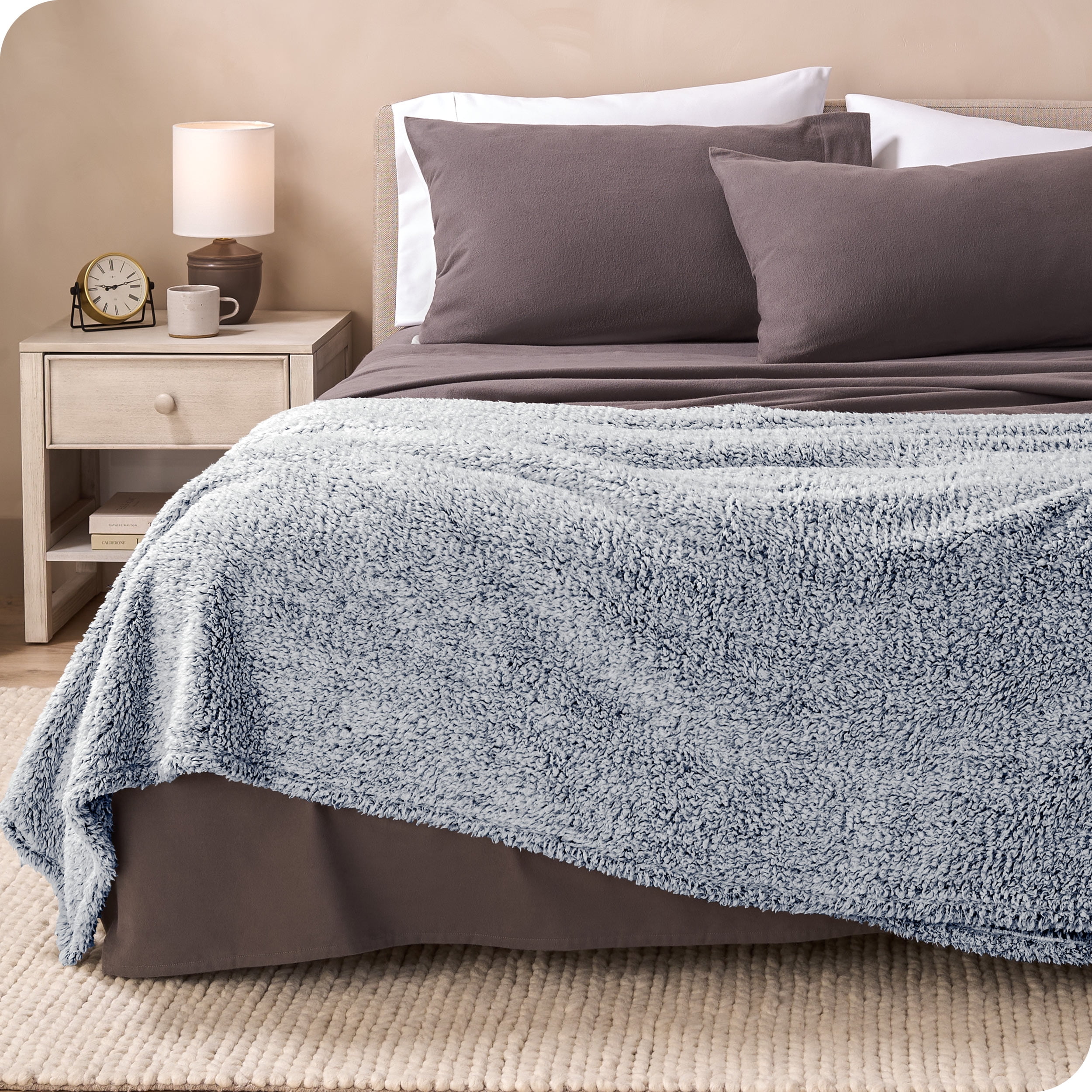 Bare Home Faux Shearling Blanket - Fluffy & Soft - Lightweight - King, Dark Blue - Tipped